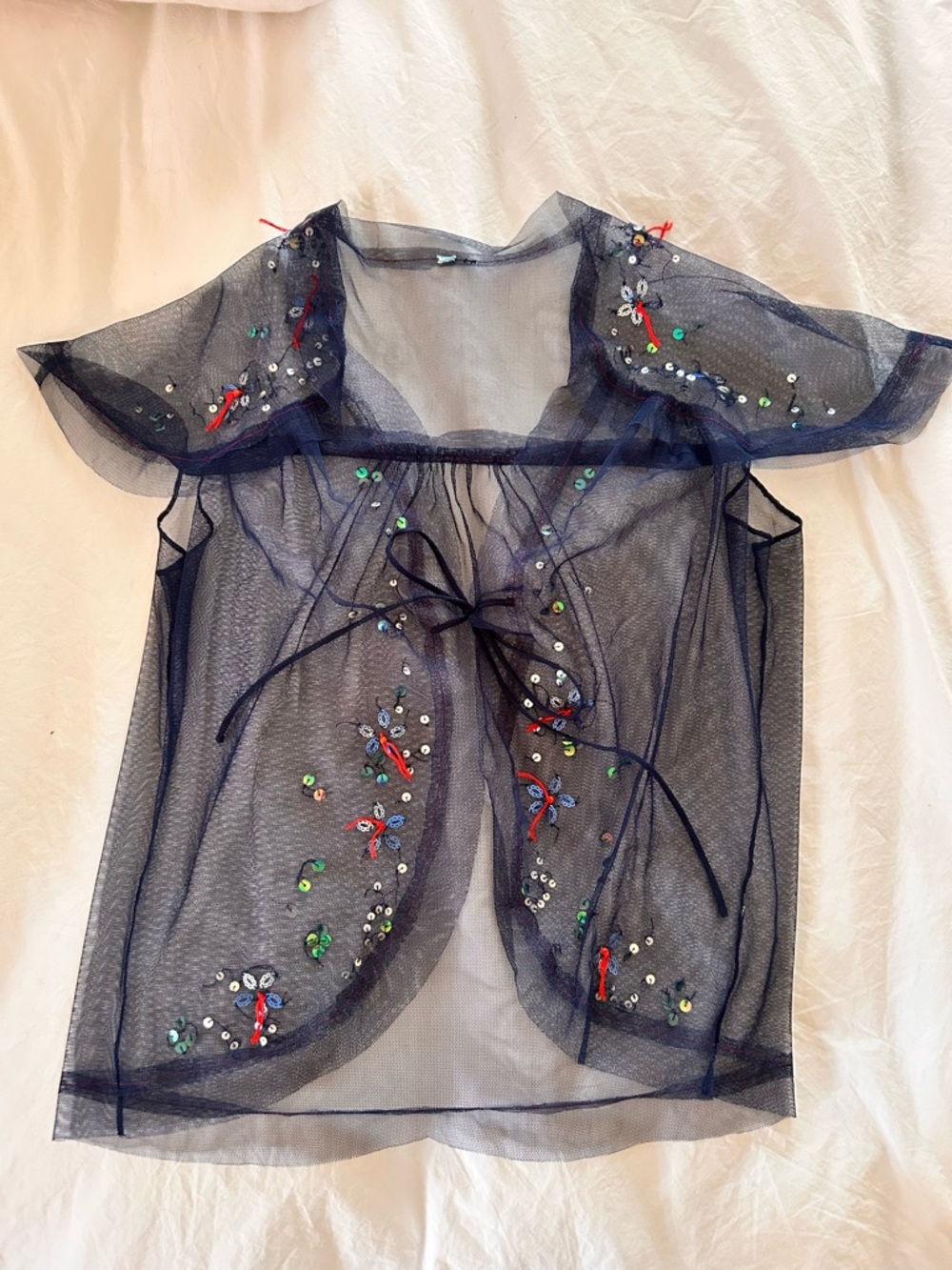 Anthropologie Navy Sheer sequin Overlay Top